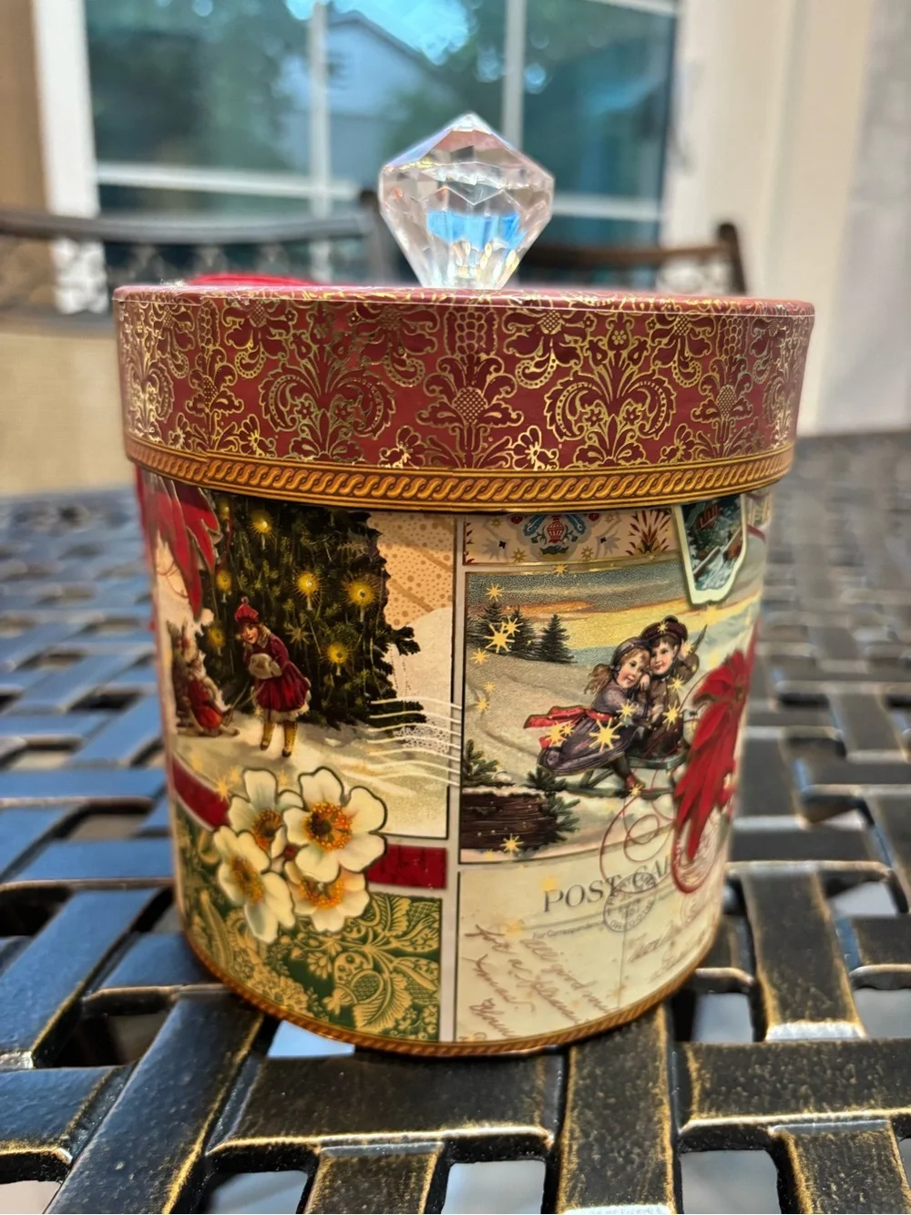 Holiday Decorative Tin with Crystal Knob and Red Tassel